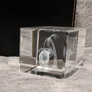 Crystal Glass Cube 3-D Elephant Palm Tree Safari Scene Laser Cut Paperweight